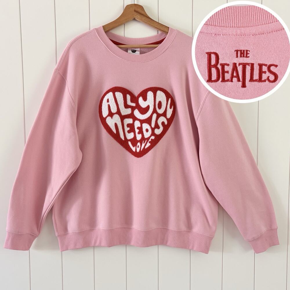 The Beatles All You Need Is Love Chenille Embroidery Crewneck Sweatshirt Pink 2X
